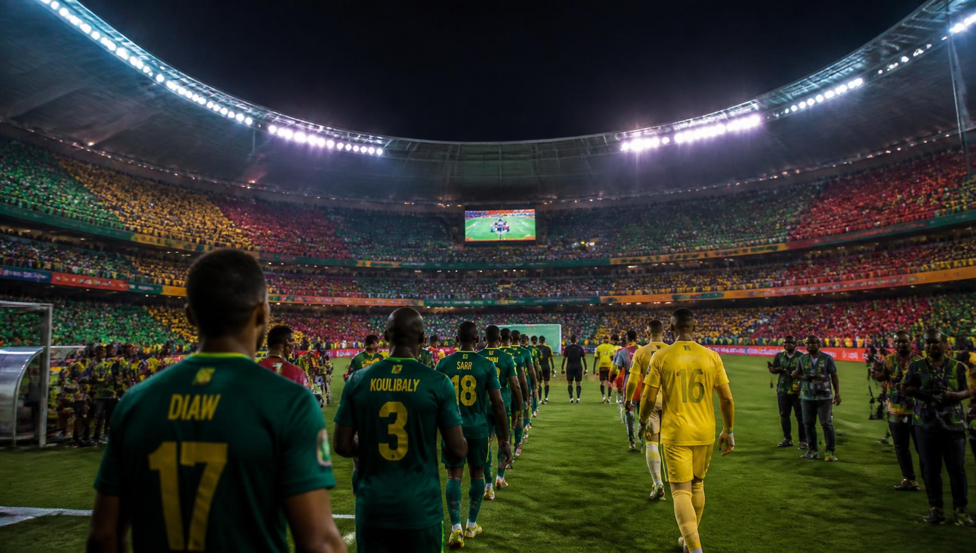 Joueurs entrant sur la pelouse d'un grand stade rempli de public sous les projecteurs